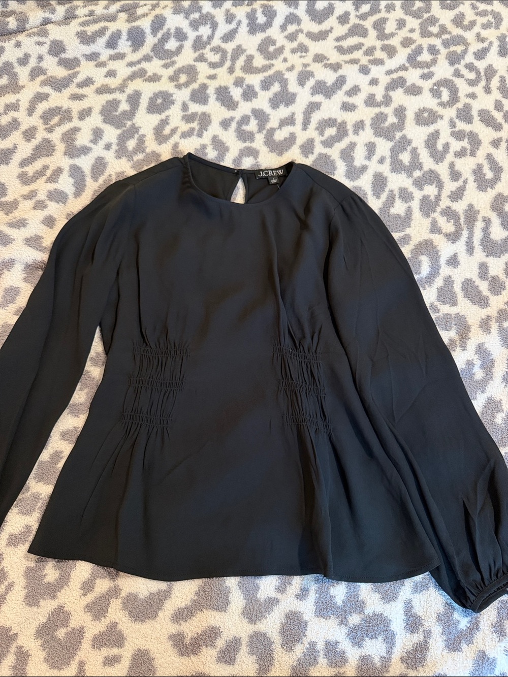 J. Crew Black Smocked-Waist Long Sleeve Blouse